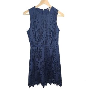 h&m navy blue lace dress Ladies - Dark Blue Lace-Trimmed Open-Back Dress - Size: L